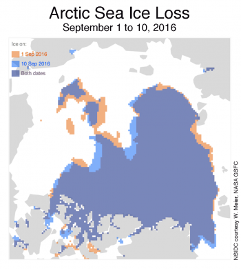 Figure 4. This figure compares Arctic sea ice extent for September 1 (orange) and September 10 (blue), with overlap areas in purple.