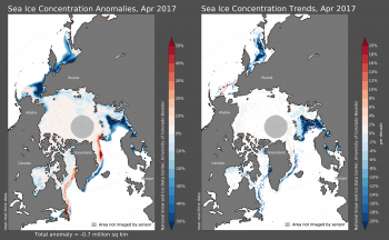 Figure 3b. This shows April 2017 Arctic sea ice concentration anomalies (left) and Arctic sea ice concentration trends (right).