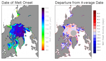 Figure 4. The plot on the left shows melt onset dates in day of the year (left). Warm colors indicate early melt onset and cooler colors indicate a later melt onset. The plot on the right shows departures from the average melt onset dates in number of days. Warmer colors indicate later than average melt onset and cooler colors indicate later than average melt onset. 