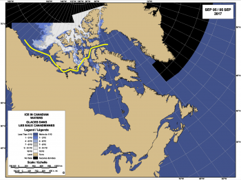 Figure 4a. This shows the route of the Crystal Serenity (yellow line) overlaid on a map of ice cover in the Northwest Passage region.
