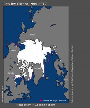 Figure 1. Arctic sea ice extent for XXXX 20XX was X.XX million square kilometers (X.XX million square miles). The magenta line shows the 1981 to 2010 average extent for that month. Sea Ice Index data. About the data||Credit: National Snow and Ice Data Center|High-resolution image 