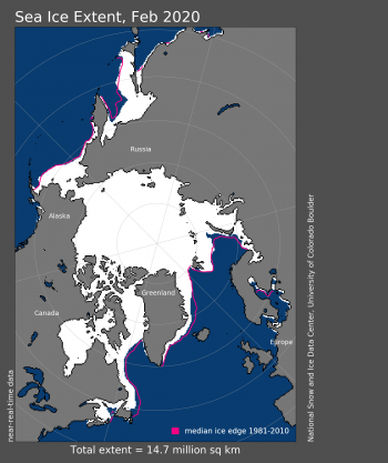 Figure 1. Arctic sea ice extent for XXXX 20XX was X.XX million square kilometers (X.XX million square miles). The magenta line shows the 1981 to 2010 average extent for that month. Sea Ice Index data. About the data||Credit: National Snow and Ice Data Center|High-resolution image