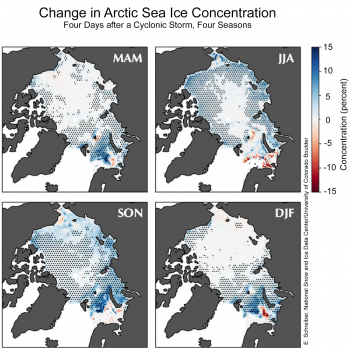 Change in Arctic Sea Ice Concentration Four Days after Cyclonic Storm, Four Seasons