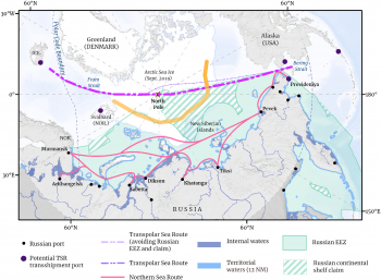 Figure 4. This map shows the potential transpolar shipping route discussed in Bennett et al., 2020. The orange line shows the approximate September 2020 ice edge overlaid on the September 2019 Arctic sea ice extent. ||Credit: Bennett et al., 2020|High-resolution image