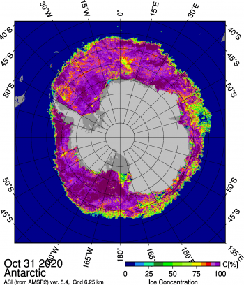 Figure 6. This figure shows the Japanese Aerospace Exploration Agency (JAXA) Advanced Microwave Scanning Radiometer 2 (AMSR2) sea ice concentration for Antarctic sea ice on October 31, 2020. Antarctic sea ice extent reached its seasonal sea ice extent maximum of 18.95 million square kilometers (7.32 million square miles) on September 28, 2020. Sea Ice Index data. About the data||Credit: University of Bremen|High-resolution image