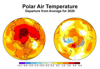 Figure 4b. The plot on the left shows annual air temperature departures in 2020 from the 1951 to 1980 average for the Arctic, while the plot on the right shows air temperature departures for Antarctica for the same time period. ||Credit: NASA | High-resolution image