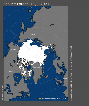 Figure 1. Arctic sea ice extent for XXXX XX, 20XX was X.XX million square kilometers (X.XX million square miles). The orange line shows the 1981 to 2010 average extent for that day. Sea Ice Index data. About the data||Credit: National Snow and Ice Data Center|High-resolution image