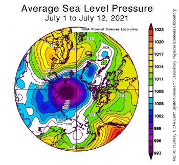 Figure 2X. This plot shows average sea level pressure in the Arctic in millibars for XXXmonthXX 20XX. Yellows and reds indicate high air pressure; blues and purples indicate low pressure.||Credit: NSIDC courtesy NOAA Earth System Research Laboratory Physical Sciences Laboratory| High-resolution image 