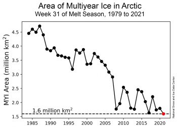 Figure 4a. This graph shows the dire state of multiyear ice in the Arctic as of week 31 of the 2021 melt season, comparing this year to the satellite record that began in 1979. ||Credit: J. Stroeve, National Snow and Ice Data Center |High-resolution image 