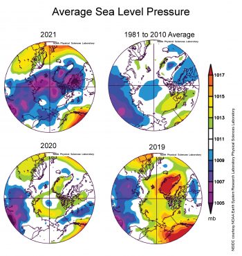 Figure 4b. This plot shows average sea level pressure in the Arctic in millibars for 2019, 2020, 2021, and the 1981 to 2010 average. Yellows and reds indicate high air pressure; blues and purples indicate low pressure.||Credit: NSIDC courtesy NOAA Earth System Research Laboratory Physical Sciences Laboratory| High-resolution image