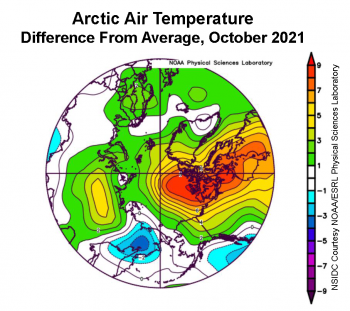 Figure 2b. This plot shows the departure from average air temperature in the Arctic at the 925 hPa level, in degrees Celsius, from October 1 to 30, 2021. Yellows and reds indicate higher than average temperatures; blues and purples indicate lower than average temperatures.||Credit: NSIDC courtesy NOAA Earth System Research Laboratory Physical Sciences Laboratory |High-resolution image