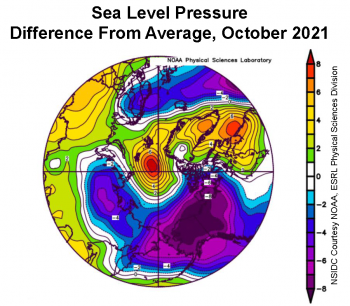 Figure 2c. This plot shows the departure from average sea level pressure in the Arctic at the 925 hPa level, in degrees Celsius, for October 2021. Yellows and reds indicate higher than average air pressures; blues and purples indicate lower than average air pressures.||Credit: NSIDC courtesy NOAA Earth System Research Laboratory Physical Sciences Laboratory| High-resolution image 