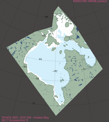 Figure 4. This map of Hudson Bay shows sea ice extent as of November 30, 2021. Data are from the NSIDC Multisensor Analyzed Sea Ice Extent (MASIE) product. ||Credit: National Snow and Ice Data Center|High-resolution image