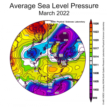 Average sea level pressure over Arctic for March 2022