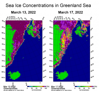 two map images of sea ice concentration east of Greenland before and after atmospheric river event