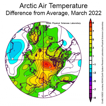 Average Air Temperature for March 2022 in Arctic as a difference from average