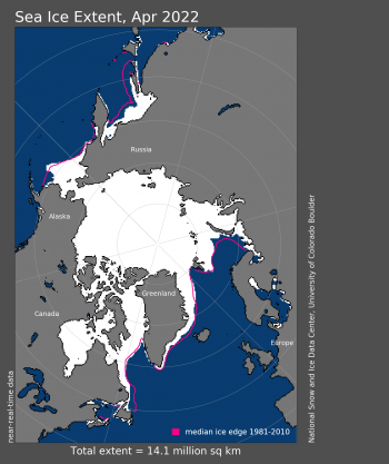 Figure 1. Arctic sea ice extent for April 2022 was 14.06 million square kilometers (5.43 million square miles). The magenta line shows the 1981 to 2010 average extent for that month. Sea Ice Index data. About the data||Credit: National Snow and Ice Data Center|High-resolution image