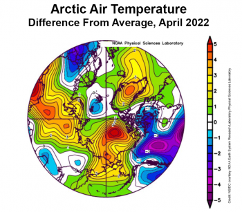 Figure 2b. This plot shows the departure from average air temperature in the Arctic at the 925 hPa level, in degrees Celsius, for April 2022. Yellows and reds indicate higher than average temperatures; blues and purples indicate lower than average temperatures.||Credit: NSIDC courtesy NOAA Earth System Research Laboratory Physical Sciences Laboratory|High-resolution image
