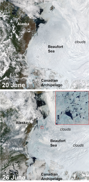 Figure 2c. These Moderate Resolution Imaging Spectroradiometer MODIS images from the Terra satellite of the Beaufort Sea and surrounding areas on June 20th (top) and June 26th (bottom). Blue tint over the sea ice areas not covered by clouds indicates rapid development of melt ponds on the ice. Inset, close-up of the area shown in the small red box on the 26 June image showing melt ponds on sea ice floes.