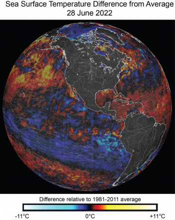 Figure Y. Image of sea surface temperature in the Western Hemisphere for 28 June, 2022 of sea surface temperature difference from average (relative to 1981-2010) from the nullschool.net website, showing the strong La Niña (blueish area in the equatorial Pacific) and the warm sea surface conditions in the northern Pacific.