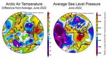 Figure 2X. This plot shows the departure from average air temperature in the Arctic at the 925 hPa level, in degrees Celsius, for XXXmonthXX 20XX. Yellows and reds indicate higher than average temperatures; blues and purples indicate lower than average temperatures.||Credit: NSIDC courtesy NOAA Earth System Research Laboratory Physical Sciences Laboratory| High-resolution image This plot shows average sea level pressure in the Arctic in millibars for XXXmonthXX 20XX. Yellows and reds indicate high air pressure; blues and purples indicate low pressure.||Credit: NSIDC courtesy NOAA Earth System Research Laboratory Physical Sciences Laboratory| High-resolution image 