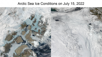 Figure 2d. This NASA WorldView image from the MODIS sensor shows sea ice conditions in the Canadian Archipelago on July 15, 2022. The left image shows melt ponds over sea ice as seen in light blue-green. The right image shows the low sea ice concentration in the Laptev and Kara Seas on the same day. ||Credit: NASA Worldview|High-resolution image 