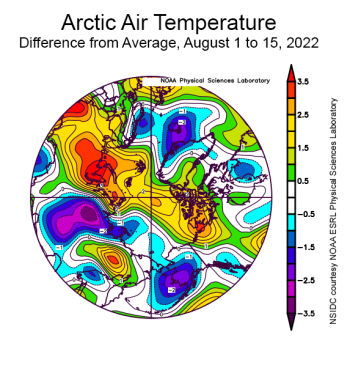Figure 2X. This plot shows the departure from average air temperature in the Arctic at the 925 hPa level, in degrees Celsius, for XXXmonthXX 20XX. Yellows and reds indicate higher than average temperatures; blues and purples indicate lower than average temperatures.||Credit: NSIDC courtesy NOAA Earth System Research Laboratory Physical Sciences Laboratory| High-resolution image 