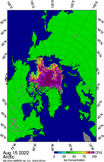 Figure 1b. This map shows Arctic sea ice concentration based on data from the Advanced Microwave Scanning Radiometer 2 (AMSR2) data. Yellows indicate sea ice concentration of 75 percent, dark purples indicate sea ice concentration of 100 percent. ||Credit: University of Bremen|High-resolution image