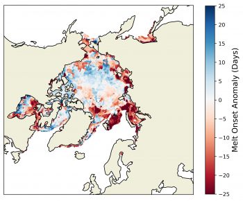 Figure 3. This map shows the date of sea ice melt onset in the Arctic for the 2021 melt season compared to the 1981 to 2010 average. Shades in red depict sea ice melt up to 30 days earlier than average, while shades in blue depict melt up to 30 days later than average. Credit: Walt Meier, NSIDC; data courtesy J. Miller, NASA Goddard High-resolution image