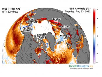 Figure 5. Sea surface temperatures (SSTs) for the Arctic and much of the northern Atlantic and Pacific Oceans, as well as the peripheral seas in the northern hemisphere. Data covers the state of SSTs on 23 August 2022. Extremely warm ocean conditions exist along parts of the Siberian coast, but slightly cooler than average conditions are found in the Bering Sea and Norwegian Sea. Data are from Climate Reanalyzer data center, a part of the Climate Change Institute at the University of Maine.