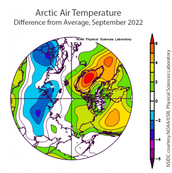 Figure 2X. This plot shows the departure from average air temperature in the Arctic at the 925 hPa level, in degrees Celsius, for XXXmonthXX 20XX. Yellows and reds indicate higher than average temperatures; blues and purples indicate lower than average temperatures.||Credit: NSIDC courtesy NOAA Earth System Research Laboratory Physical Sciences Laboratory| High-resolution image 
