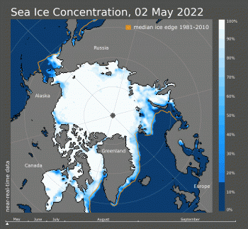 This animation of the 2022 seasonal ice retreat is based on satellite data. The animation has one image per week from May 2 to August 1, and then every second day through August, and every day in September to September 18, the seasonal ice minimum. ||Credit: Michon Scott, NSIDC
