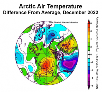 Figure 2a. This plot shows the departure from average air temperature in the Arctic at the 925 hPa level, in degrees Celsius, for December 2022. Yellows and reds indicate higher than average temperatures; blues and purples indicate lower than average temperatures. || Credit: NSIDC courtesy NOAA Earth System Research Laboratory Physical Sciences Laboratory|High-resolution image