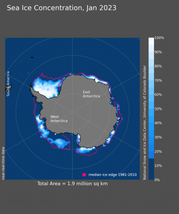 Map of Antarctic sea ice concentration Jan 2023