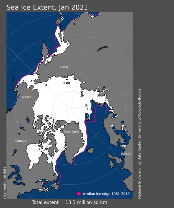 Arctic sea ice extent map for January 2023