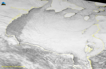 Figure 5. This NASA Visible Infrared Imaging Radiometer Suite (VIIRS) visible image was taken on February 6, 2023. The darker area on the western half of the Bay is newly formed sea ice where the polynya had opened. .||Credit: The NOAA Cooperative Institute for Meteorological Satellite Studies (CIMSS) at the University of Wisconsin-Madison Satellite Blog | High-resolution image 