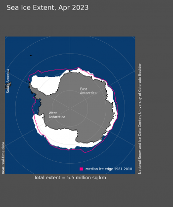 Figure 4. Antarctic sea ice extent for April 2023 was 5.50 million square kilometers (2.12 million square miles. The magenta line shows the 1981 to 2010 average extent for that month. Sea Ice Index data. About the data||Credit: National Snow and Ice Data Center|High-resolution image