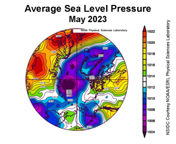 Figure 2b. This plot shows average sea level pressure in the Arctic in millibars for May 2023. Yellows and reds indicate high air pressure; blues and purples indicate low pressure. ||Credit: NSIDC courtesy NOAA Earth System Research Laboratory Physical Sciences Laboratory|High-resolution image