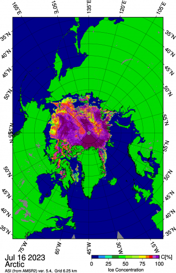 Figure 1c. This map shows a large opening in the East Siberian Sea as well as several smaller openings within the pack further north of the polynya, and areas of low concentration in the Beaufort Sea north of Alaska. Sea ice concentration data are from Advanced Microwave Scanning Radiometer 2 (AMSR2) imagery. ||Credit: University of Bremen|High-resolution image