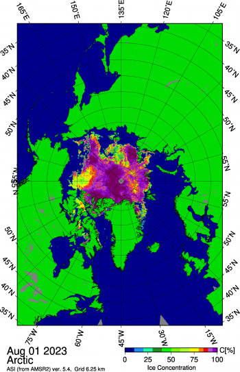 Figure 1b. This map shows a large opening in the East Siberian Sea as well as several smaller openings within the pack further north of the polynya, and areas of low concentration in the Beaufort Sea north of Alaska. Sea ice concentration data are from Advanced Microwave Scanning Radiometer 2 (AMSR2) imagery. Credit: University of Bremen