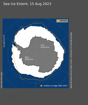 Antarctic sea ice extent map as of August 15, 2023