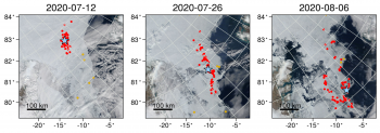 satellite images of buoys drifting over time in summer of 2020