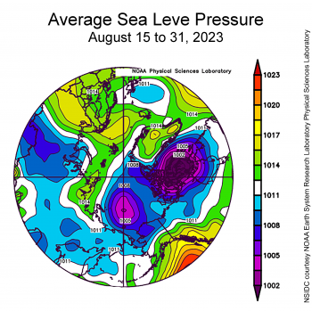 Average sea level pressure for Arctic August 15 to 31, 2023