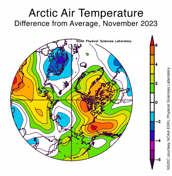 Air temperature as a difference from average for Arctic in November 2023