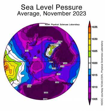 average sea level pressure in the Arctic for November 2023