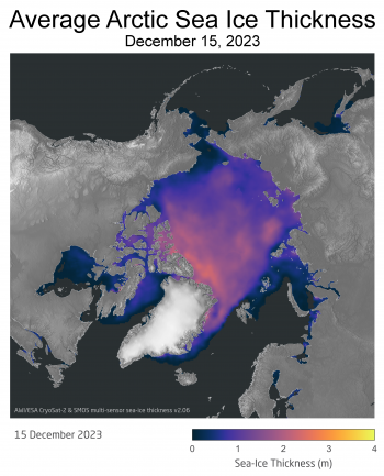 map of sea ice thickness as of December 15, 2023