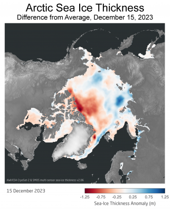 map of Arctic sea ice thickness as of December 15, 2023
