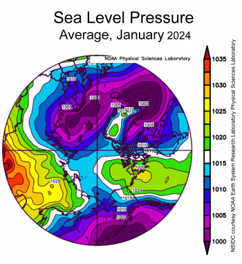 Average sea level pressure for Arctic for Jan 2024