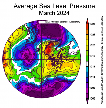 Average sea level pressure over Arctic for March 2024
