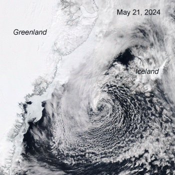 Figure 6. This NASA Moderate Resolution Imaging Spectroradiometer (MODIS) True Color animation flickers between May 20, 2024, and May 21, 2024, to show the progression of the polar low. Greenland is on its left; Iceland is to its right. Credit: NASA Worldview|High-resolution image
